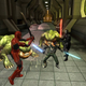 A Jedi fights the Sith and some weird lizard animals in a hallway.